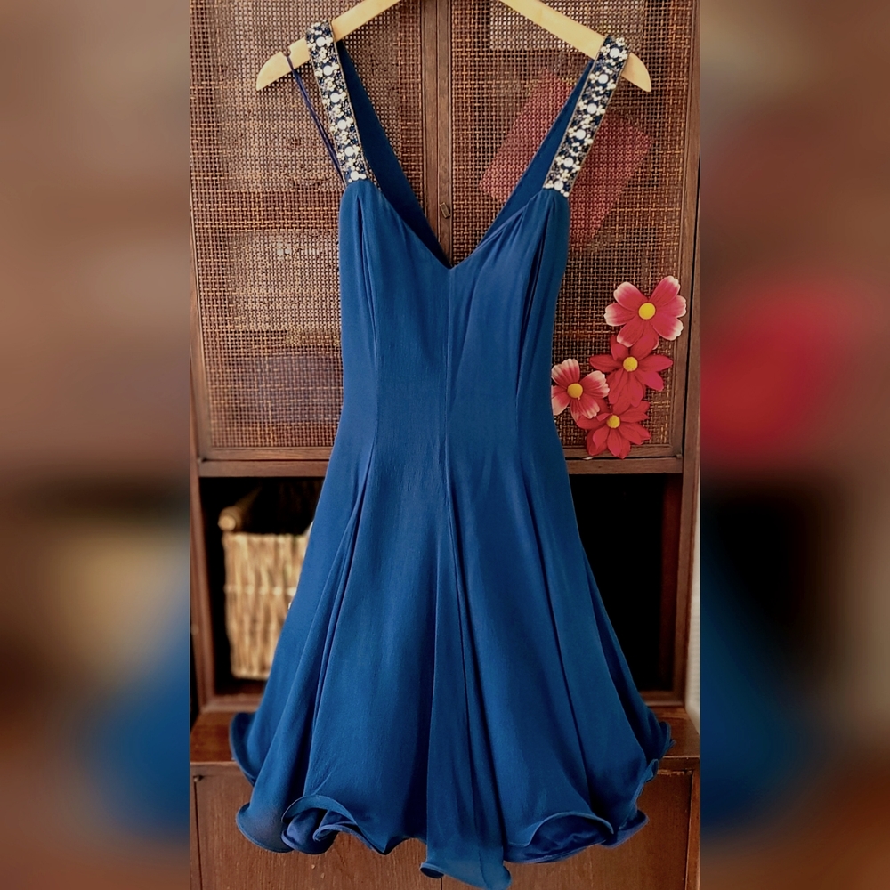 Niteline Della Roufogali Vintage Blue Silk Beaded Strap Mini Dress Size 6